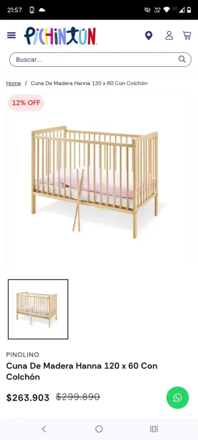 Cuna de Madera Pinolino Hanna 120x60 cm con Colchón - miniatura 1