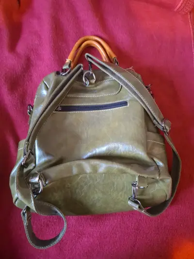 Mochila de cuero verde y marrón - miniatura 2