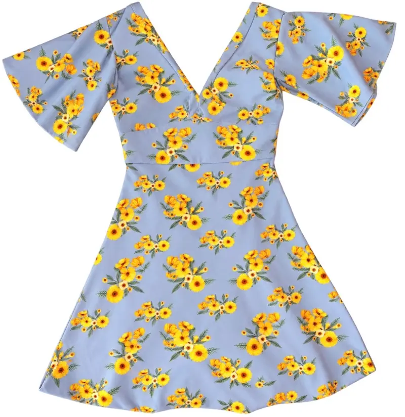 Vestido floral azul con margaritas amarillas