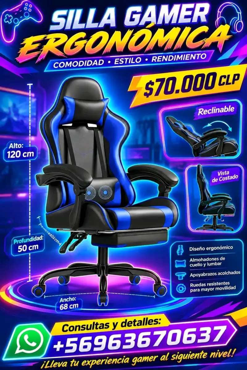 Silla Gamer Ergonómica Reclinable Azul