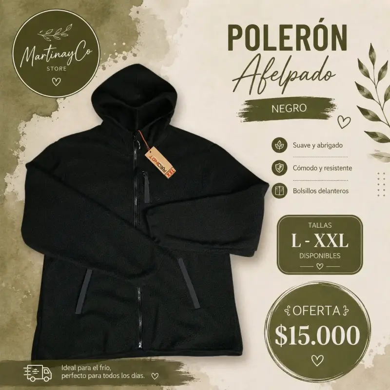 Polerón afelpado negro con capucha y bolsillos - 2