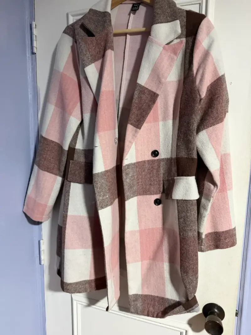 Abrigo de cuadros rosa y marrón para mujer - 2