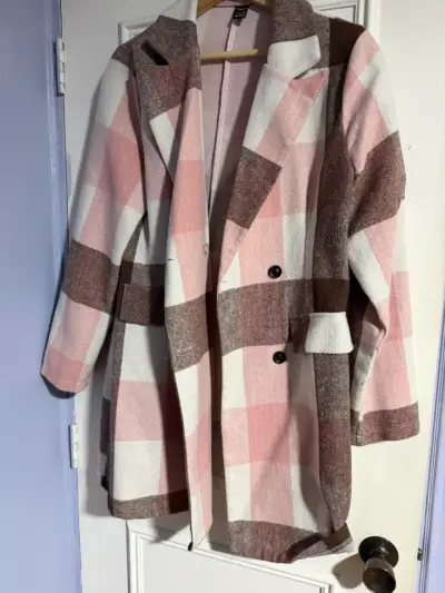 Abrigo de cuadros rosa y marrón para mujer - miniatura 2