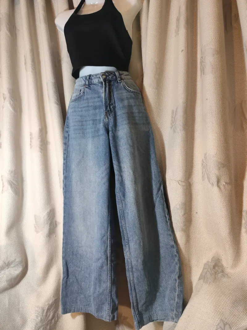 Jeans anchos de mezclilla azul para mujer - 2