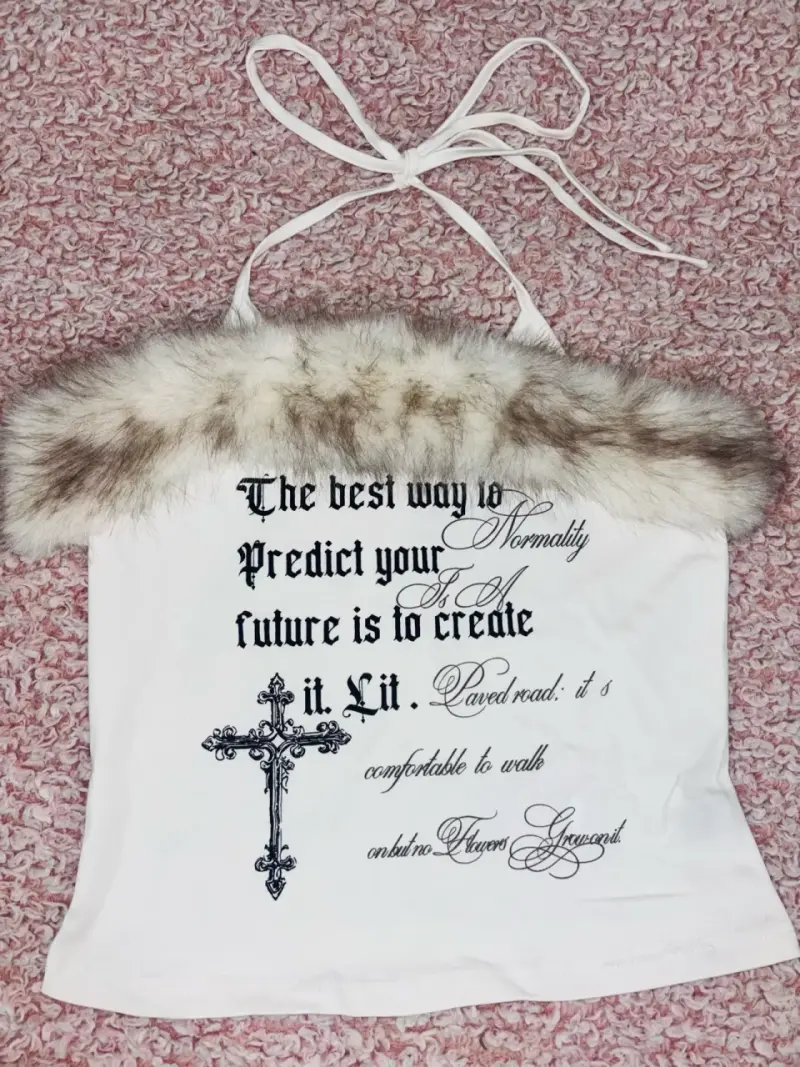 Top blanco con diseño de cruz y pelo sintético - 1