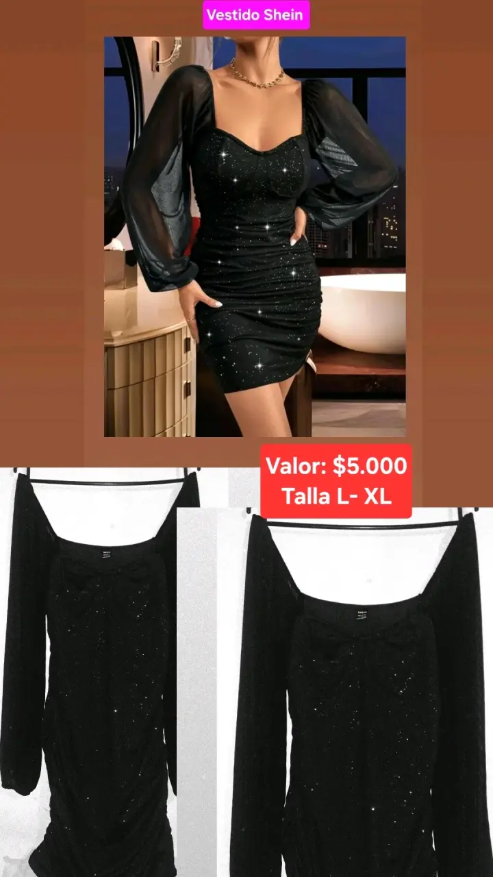 Vestido negro Shein con brillo y mangas largas