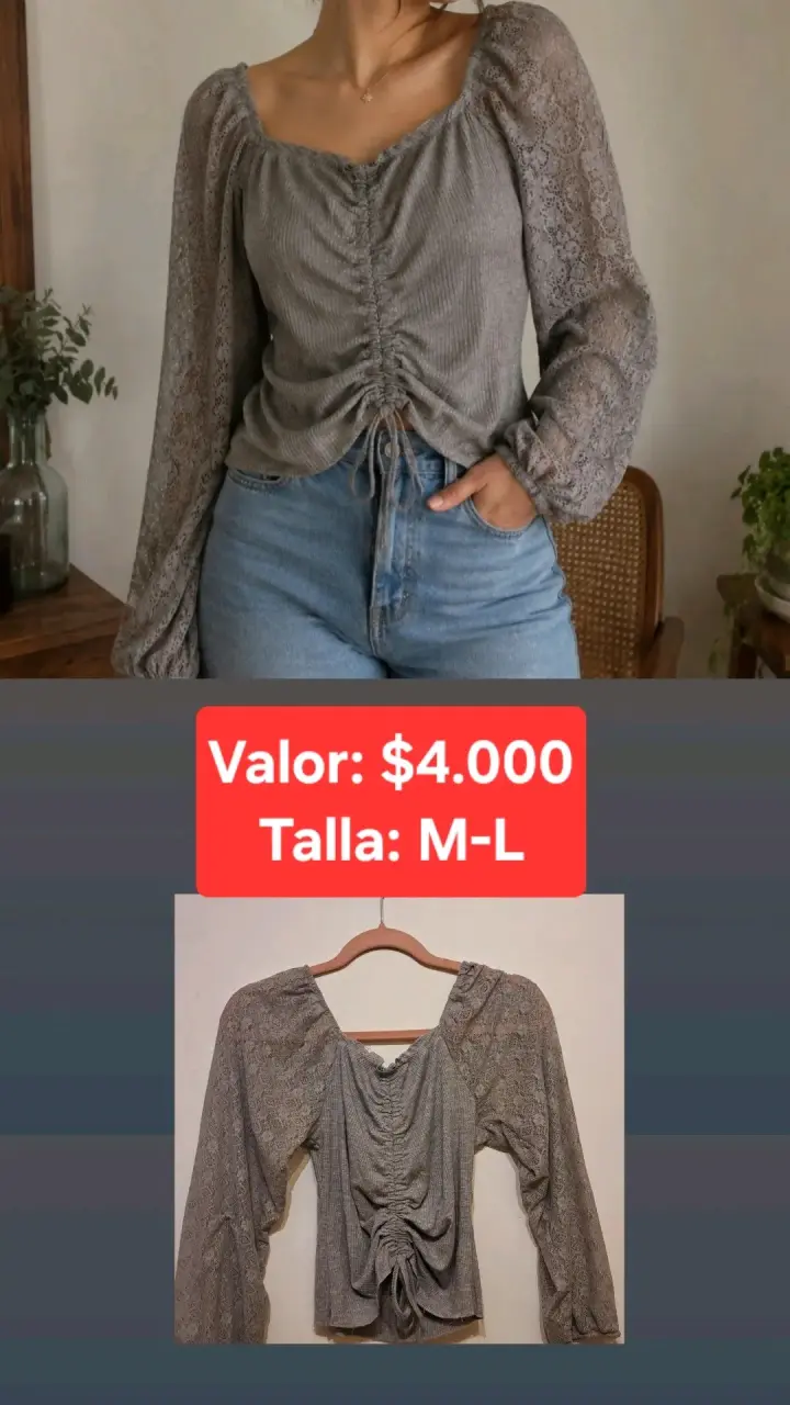 Blusa gris con encaje y fruncido