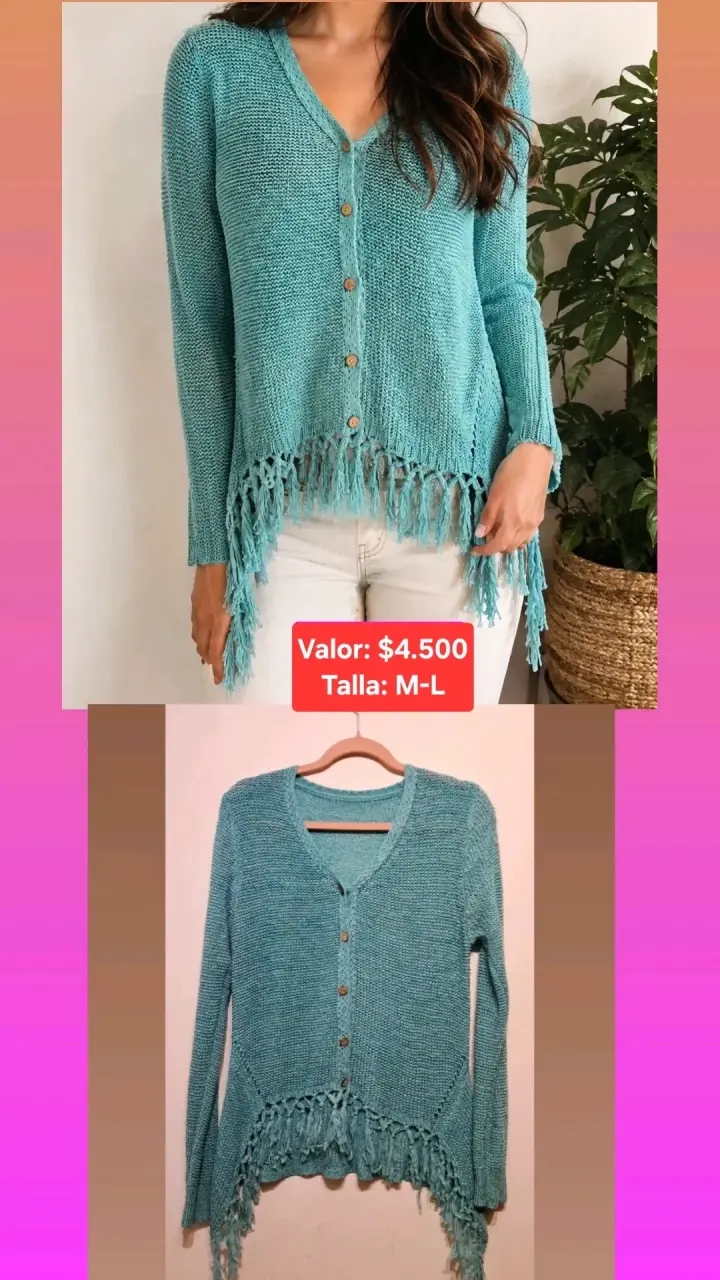 Cardigan tejido turquesa con flecos