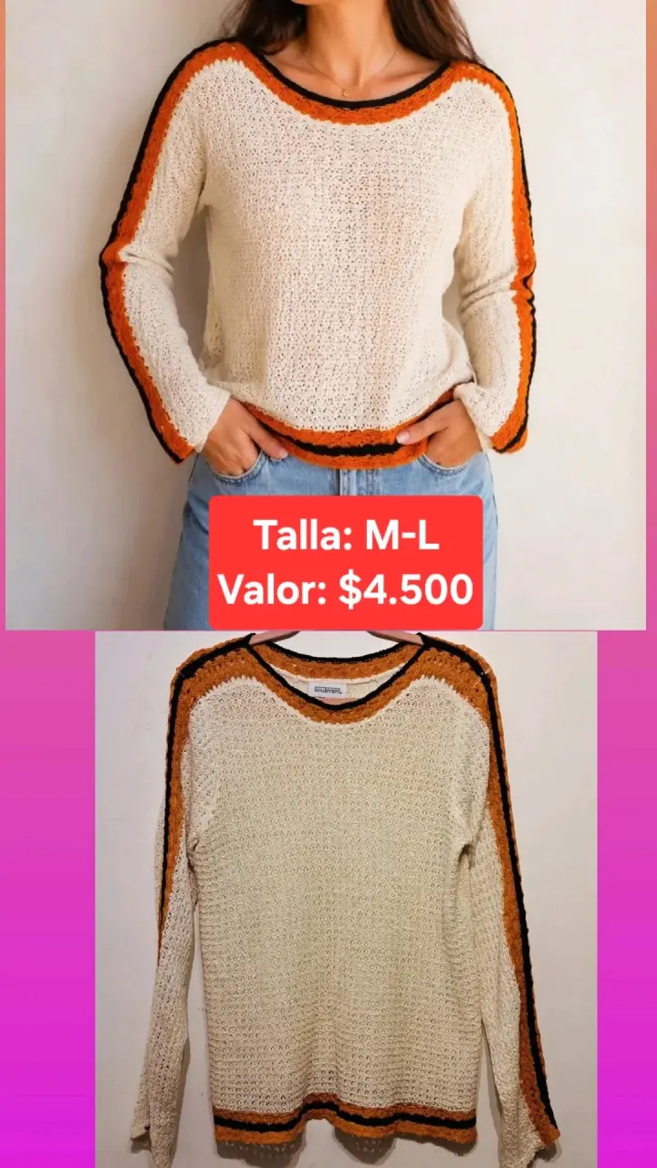 Suéter tejido beige con detalles naranjas y negros