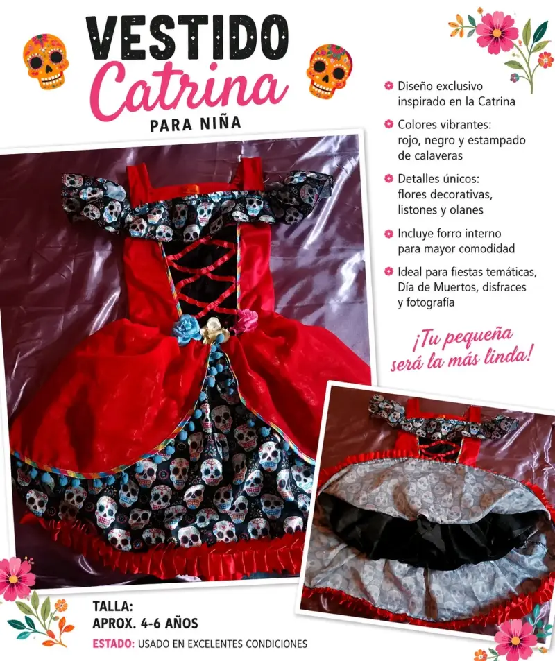 Vestido Catrina para niña 4-6 años