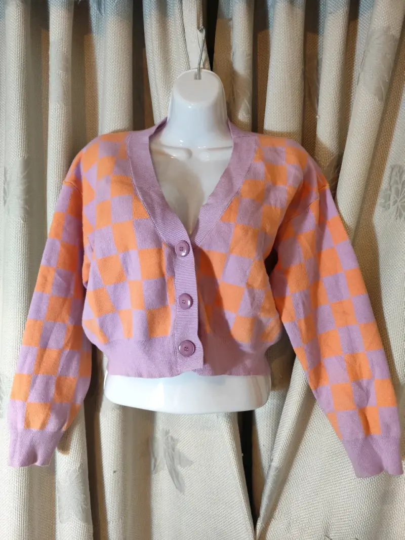 Cárdigan de cuadros lila y naranja para mujer