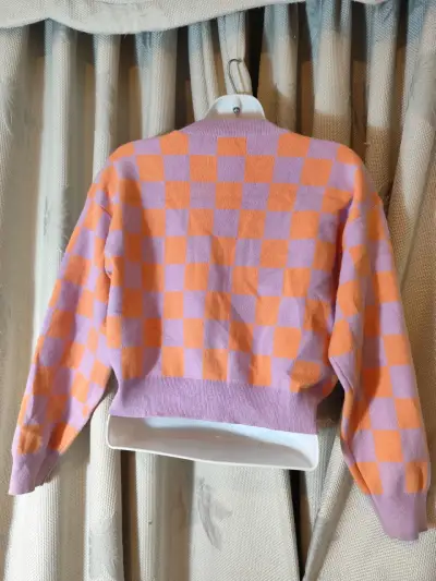 Cárdigan de cuadros lila y naranja para mujer - miniatura 2