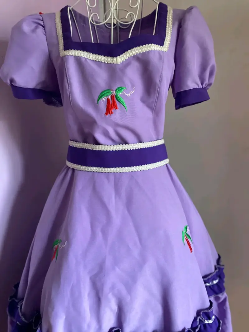 Vestido típico chileno morado con bordados - 1