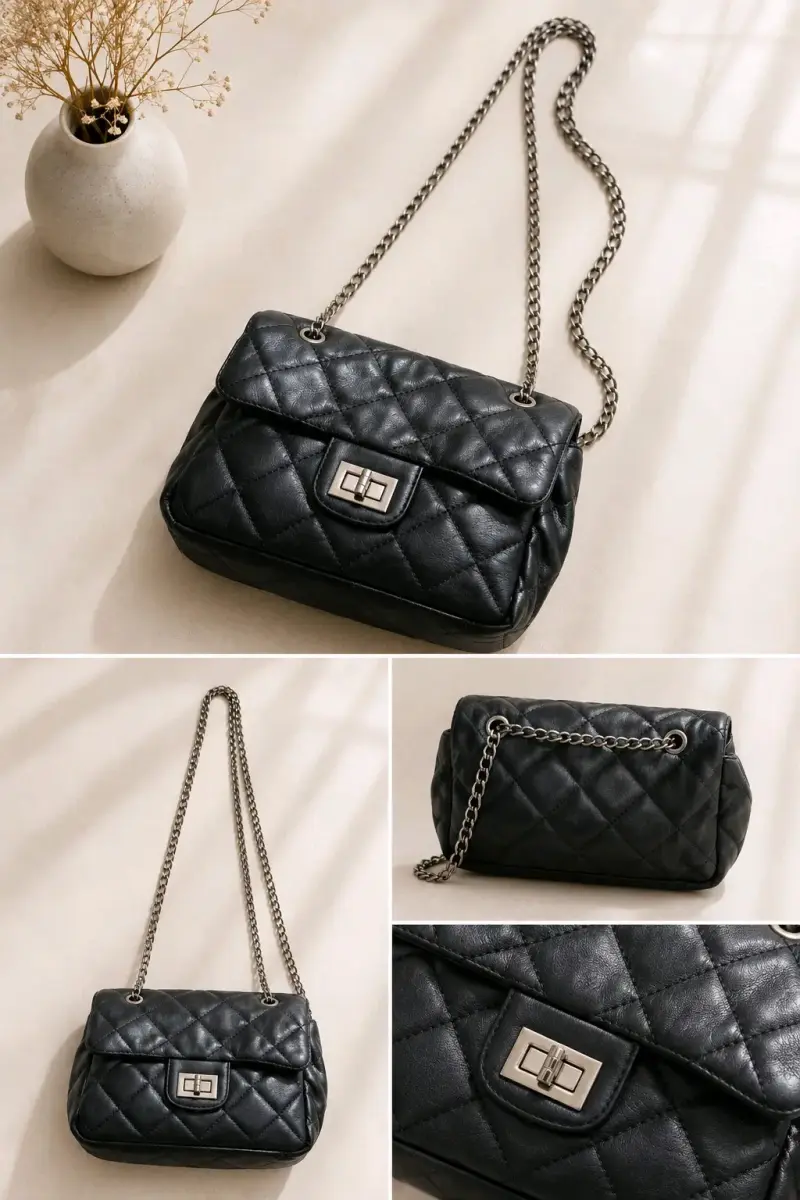 Cartera negra acolchada con cadena metálica