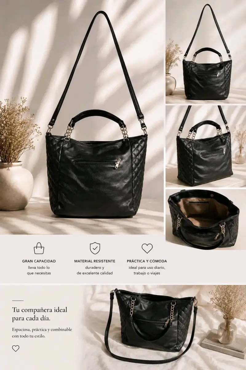 Bolso negro de gran capacidad y material resistente