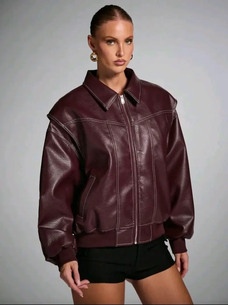 Chaqueta de cuero sintético burdeos para mujer - 1