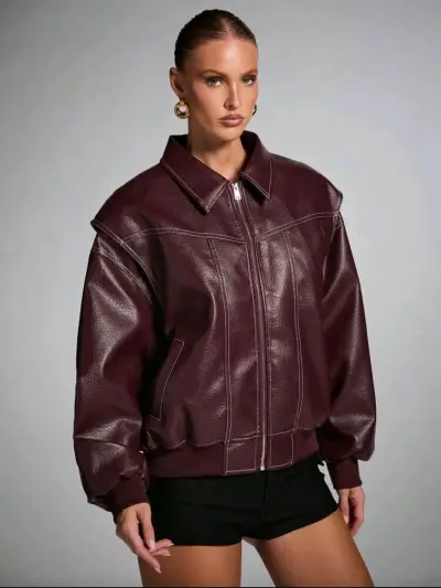 Chaqueta de cuero sintético burdeos para mujer - miniatura 1