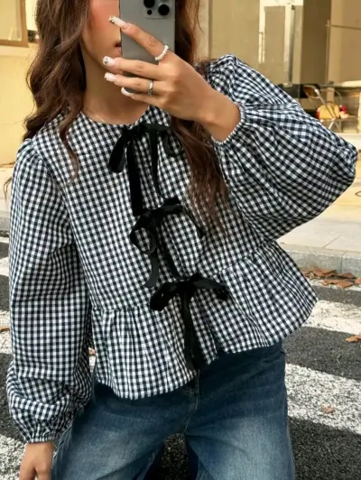 Blusa de cuadros con lazos negros - miniatura 1