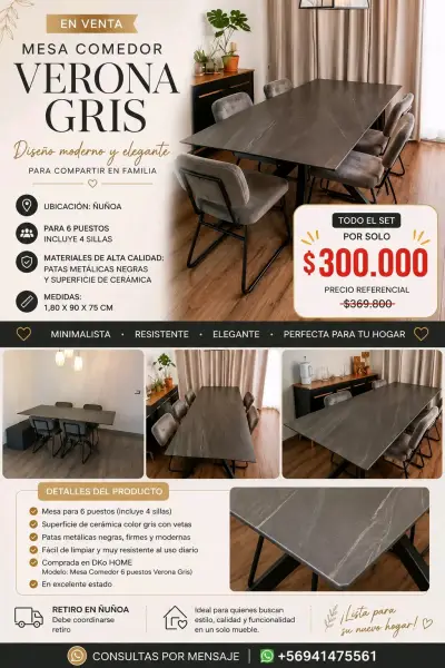 Mesa comedor Verona Gris para 6 personas - miniatura 1