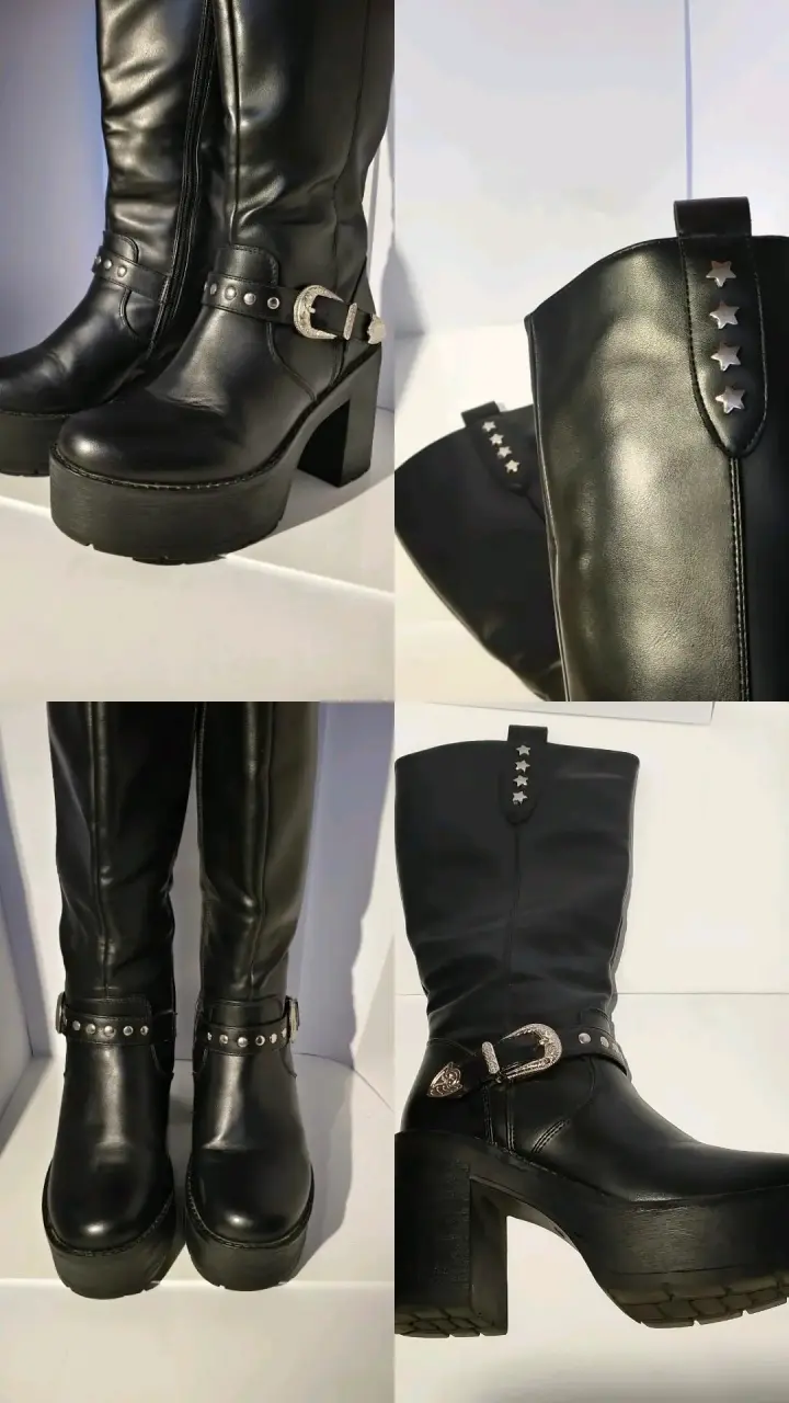 Botas negras de cuero con hebillas y plataforma