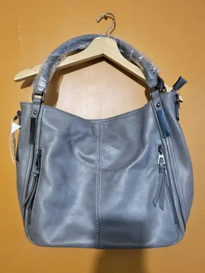Bolso de cuero gris con cierre y asas reforzadas - miniatura 1