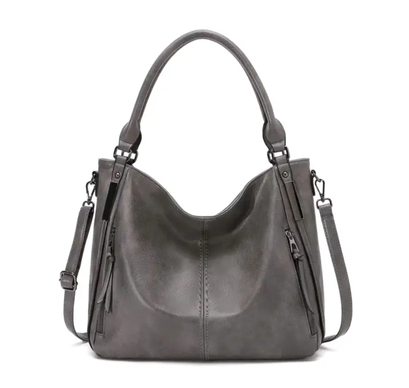 Bolso de cuero gris con cierre y asas reforzadas - 4