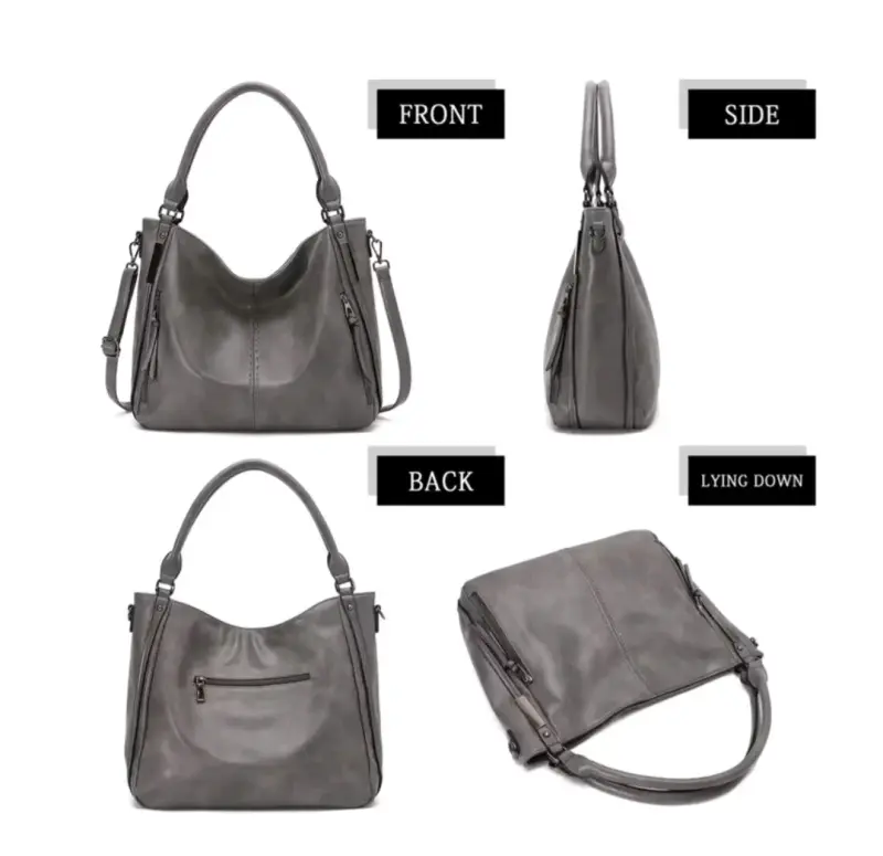 Bolso de cuero gris con cierre y asas reforzadas - 5
