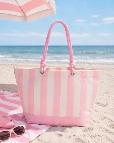 Bolso de playa rayado rosa y blanco - miniatura 2