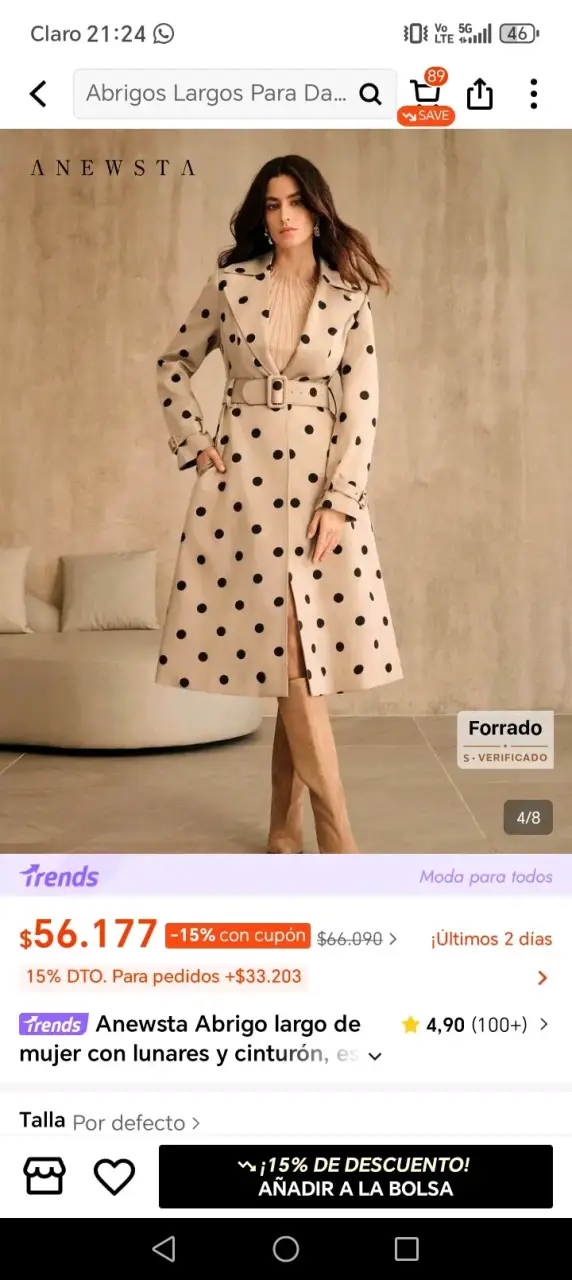Abrigo largo de mujer con lunares y cinturón Anewsta