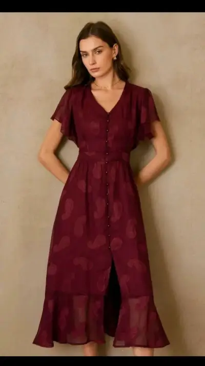 Vestido largo burdeos con botones - miniatura 1