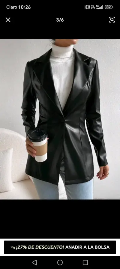 Blazer negro de cuero sintético con solapa - miniatura 3