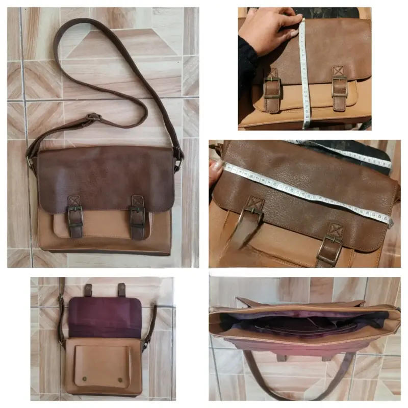 Bolso bandolera de cuero marrón y beige