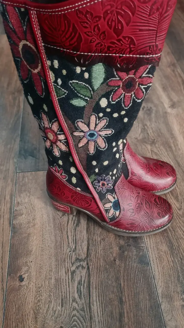 Botines Rojos Bordados de Cuero para Mujer - 5
