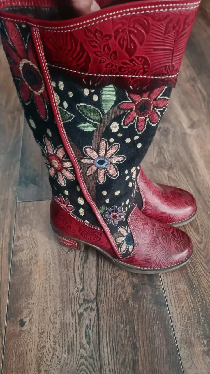Botines Rojos Bordados de Cuero para Mujer - 6