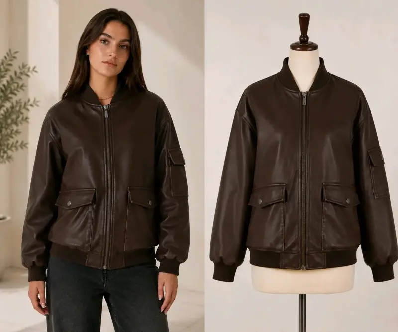 Chaqueta bomber de cuero marrón para mujer