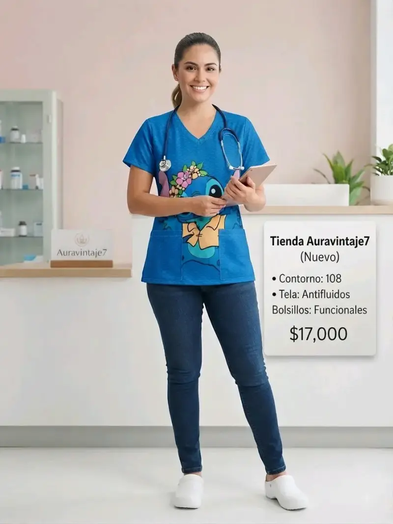 Polera médica azul con diseño de Stitch - 1