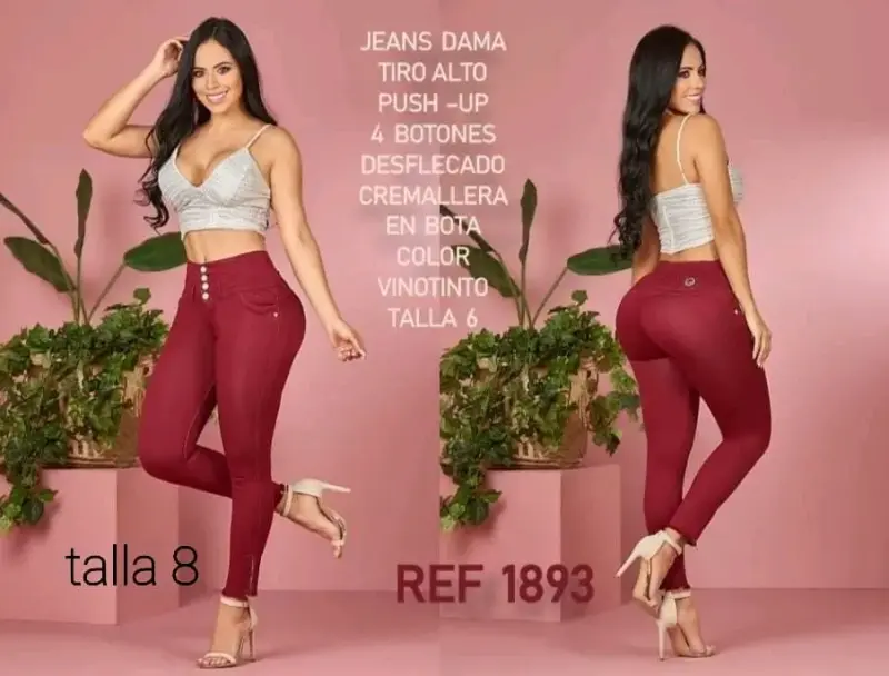 Jeans dama tiro alto push-up color vinotinto