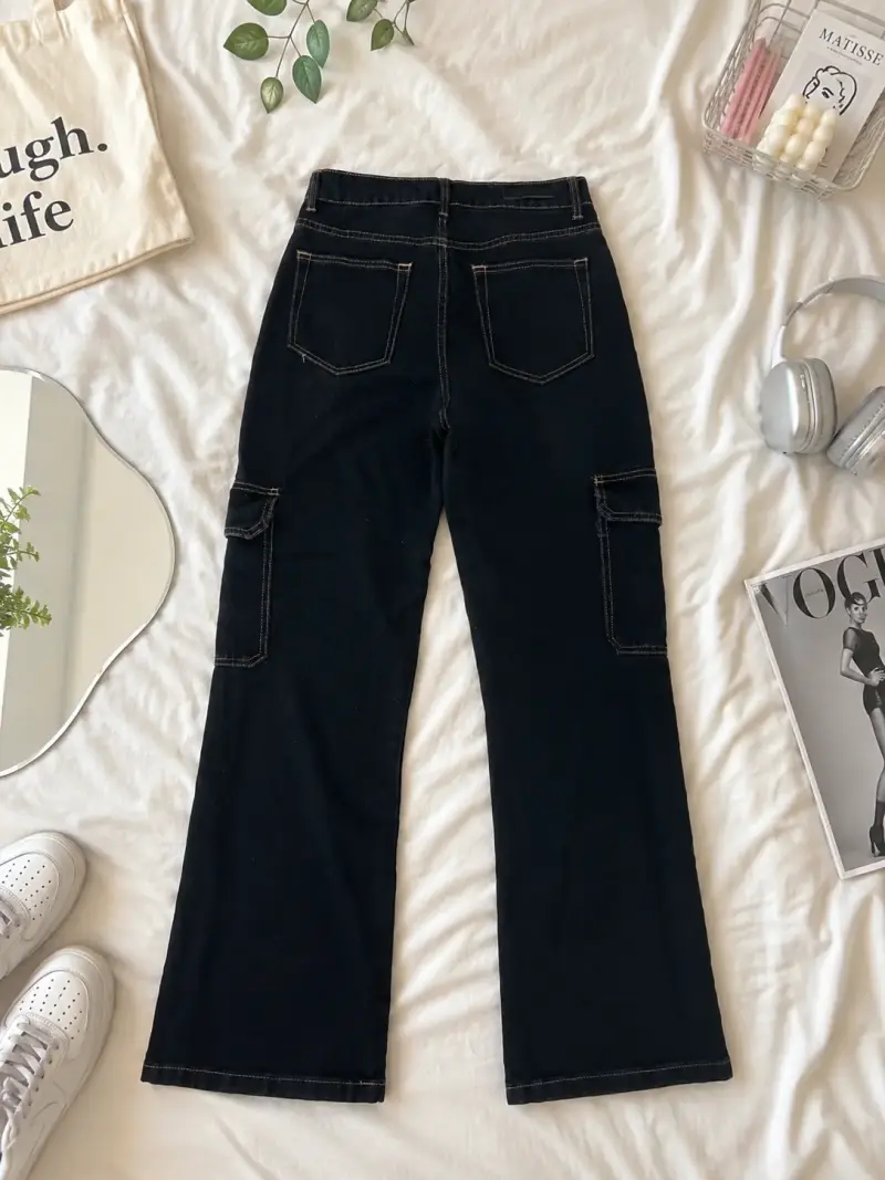 Pantalones cargo negros de mezclilla para mujer - 2