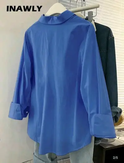 Camisa azul de manga larga para mujer - miniatura 2