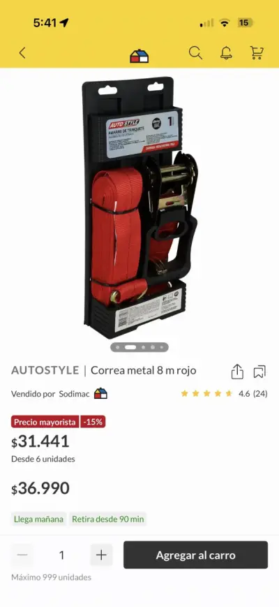 Correa de Amarre de Trinquete Autostyle 8m Roja - miniatura 2