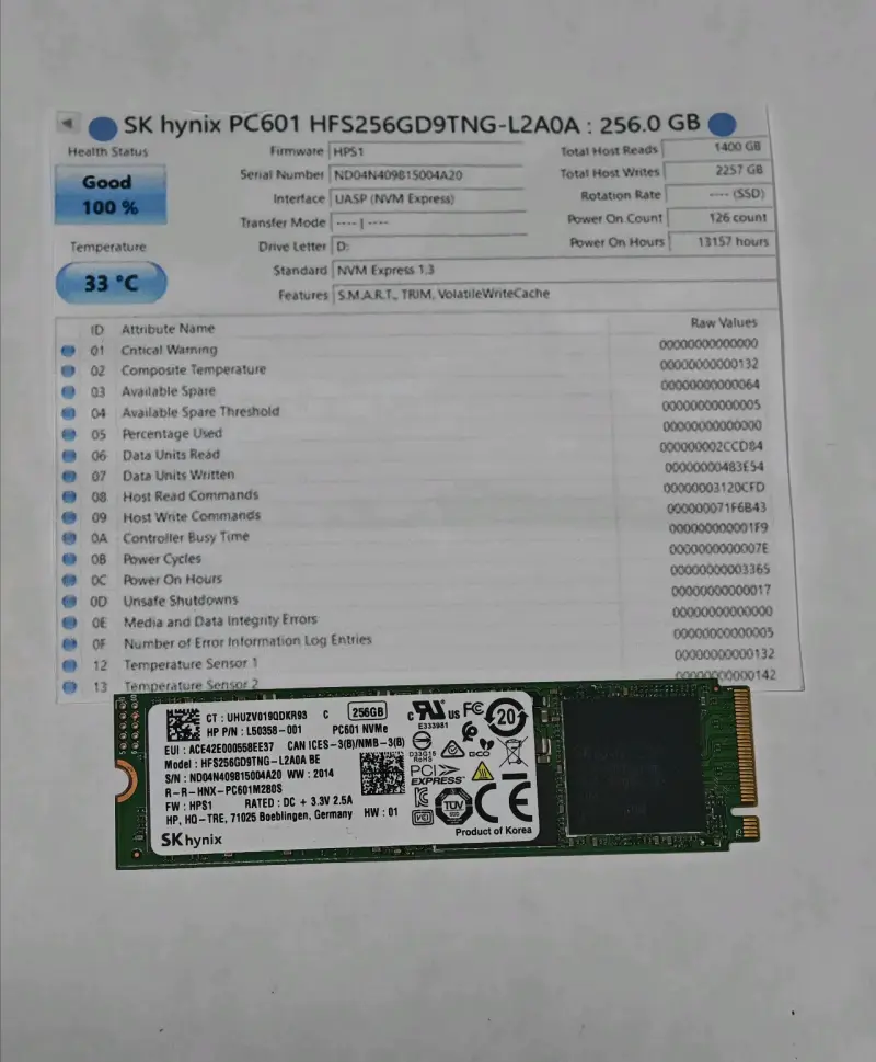 SSD SK Hynix 256GB NVMe M.2 en buen estado