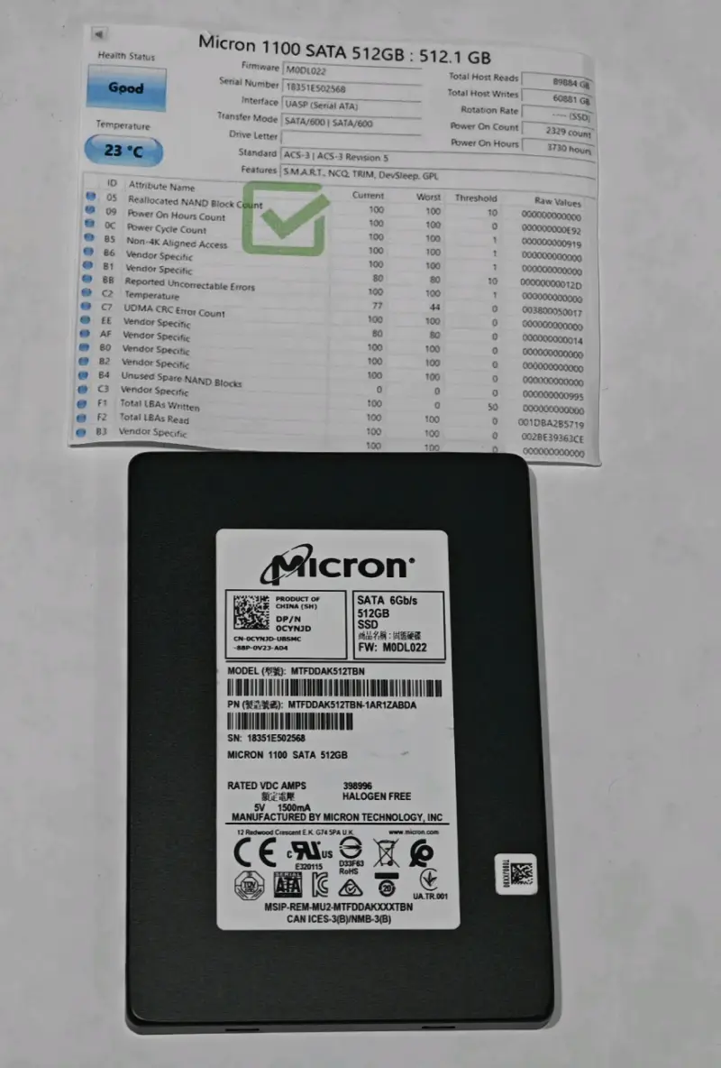 Disco SSD Micron 1100 SATA 512GB en buen estado