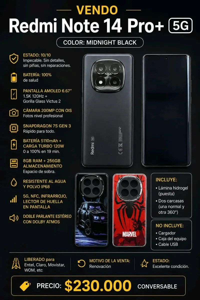 Redmi Note 14 Pro+ 5G Midnight Black en excelente estado