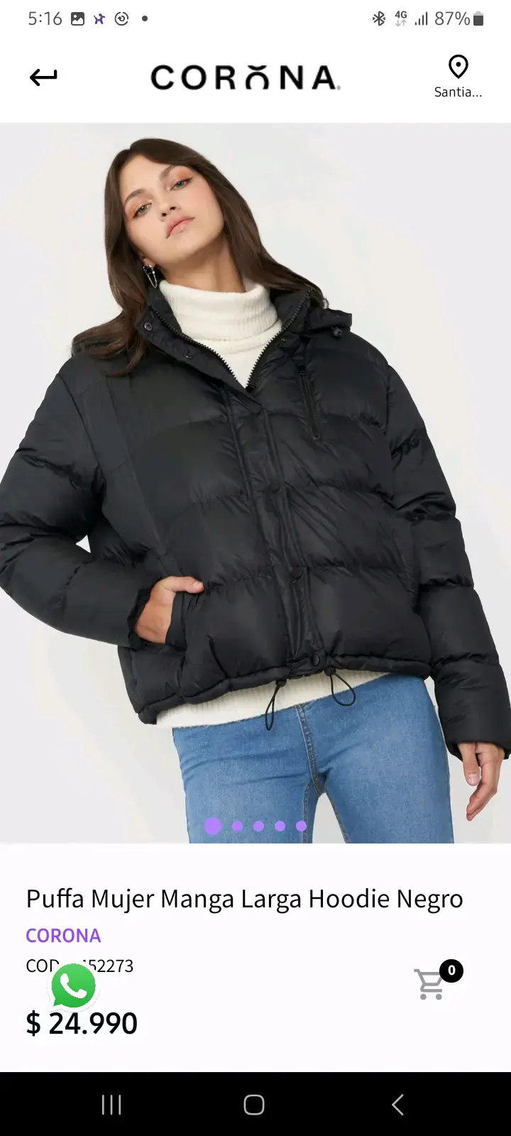 Chaqueta Puffa Mujer Negra con Capucha