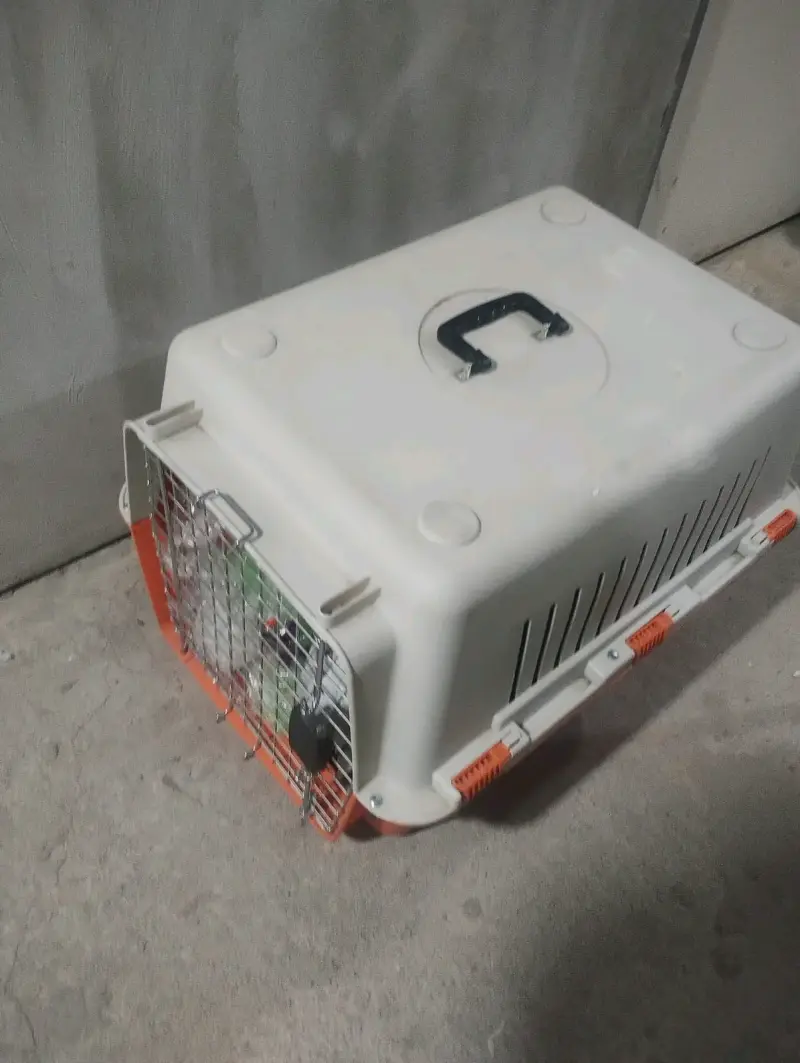 Transportadora de mascotas mediana blanca y naranja