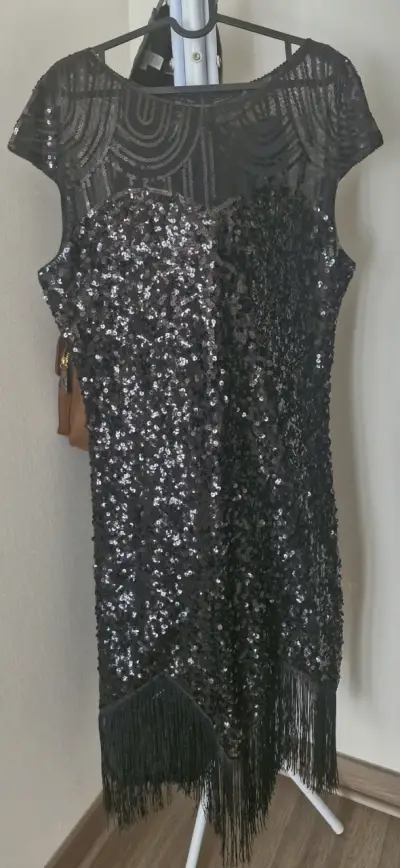 Vestido de lentejuelas negro con flecos estilo Charleston - miniatura 2