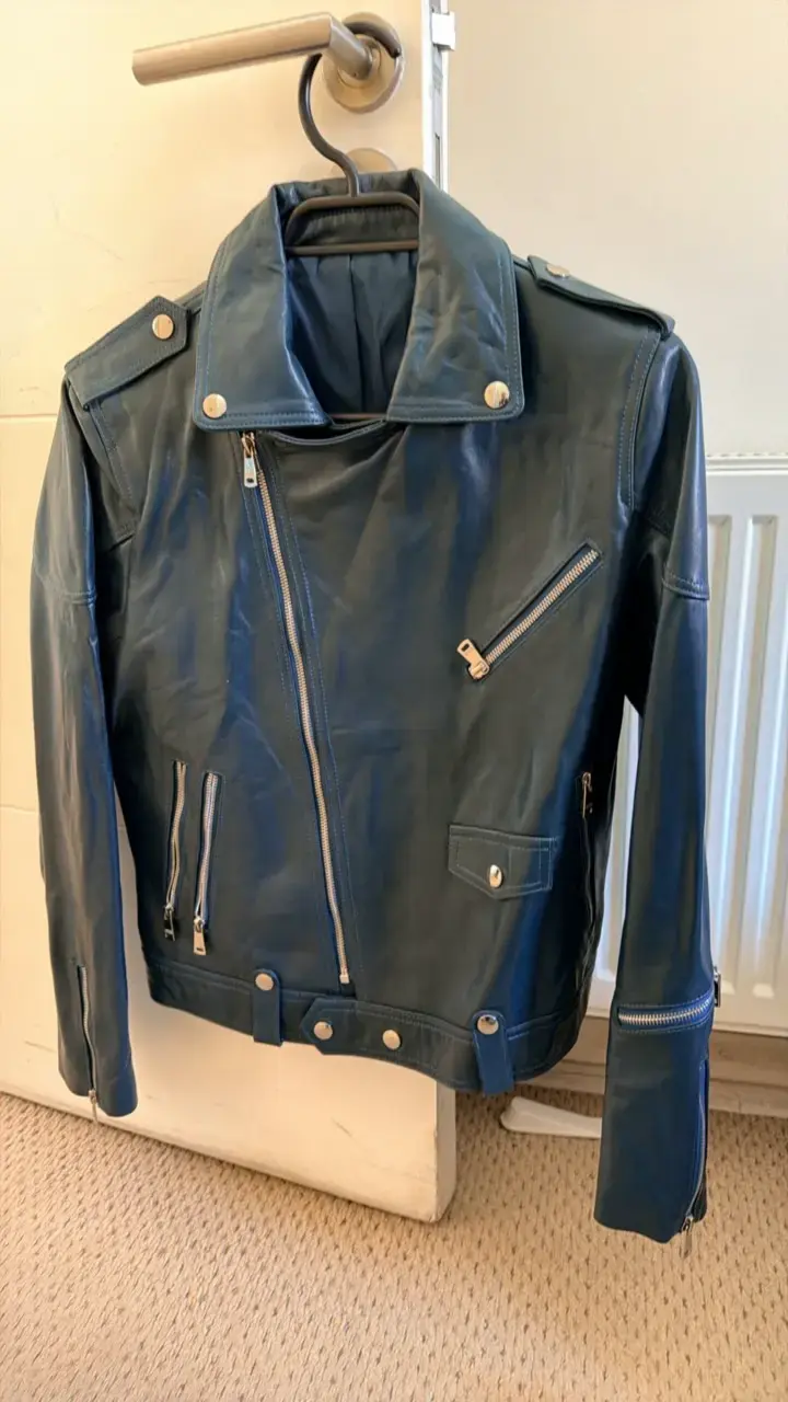 Chaqueta de cuero azul estilo motociclista - 1