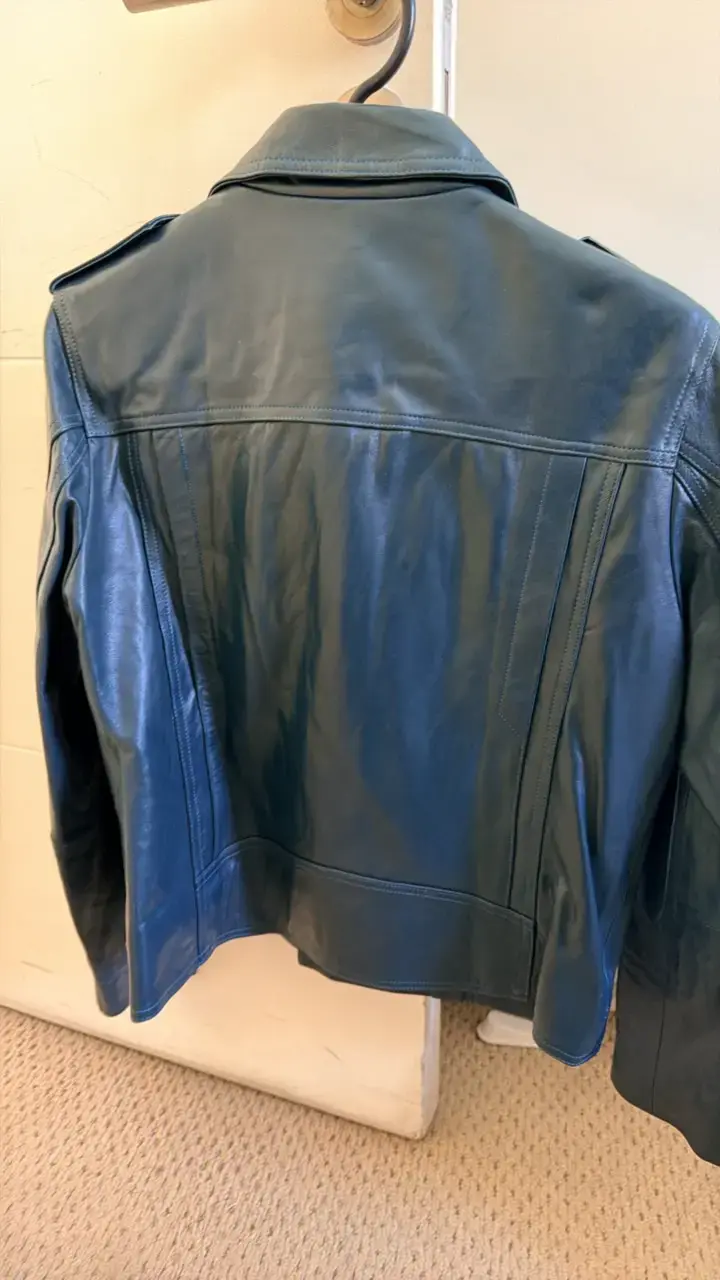 Chaqueta de cuero azul estilo motociclista - 2