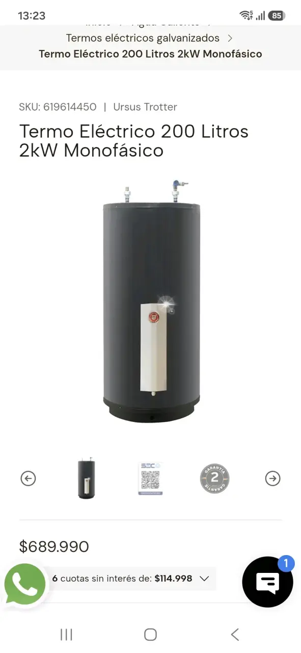 Termo Eléctrico 200 Litros 2kW Monofásico Ursus Trotter