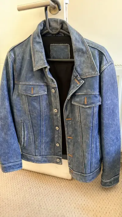 Chaqueta de cuero parece mezclilla azul unisex - miniatura 1